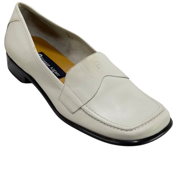 ETIENNE AIGNER Jannie Women's Ivory Leather Loafers Square Toe Heel Size 8W - Picture 1 of 11